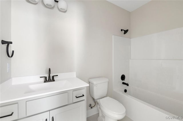 bathroom featuring toilet, shower / tub combination, and vanity