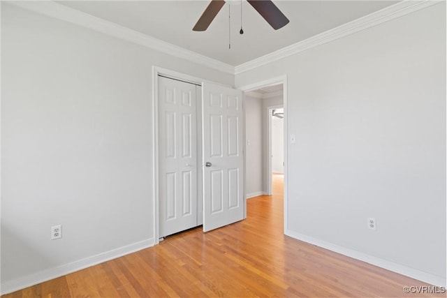 201 Winston Ave, Colonial Heights, VA 23834 - unfurnished bedroom featuring baseboards, ornamental molding, light wood-style floors, a closet, and a ceiling fan