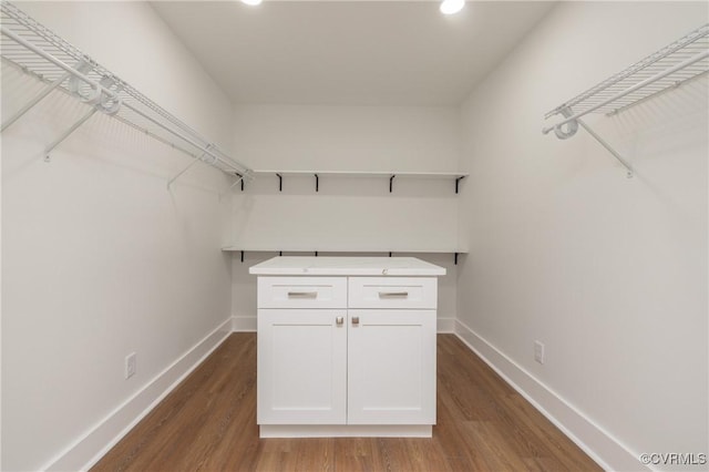spacious closet with dark wood finished floors