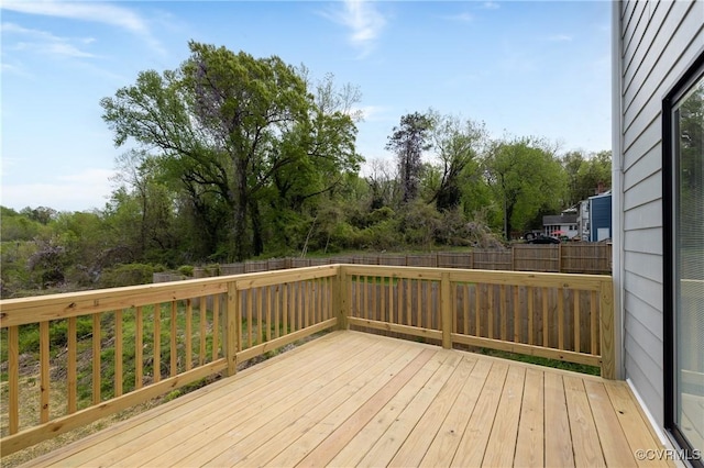 wooden terrace with a fenced backyard