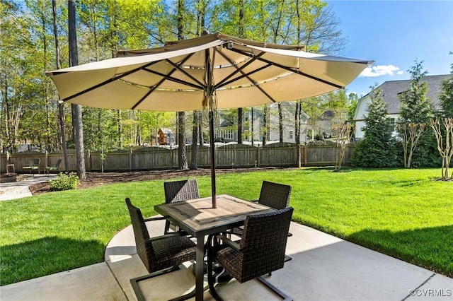 view of patio with a fenced backyard and outdoor dining space