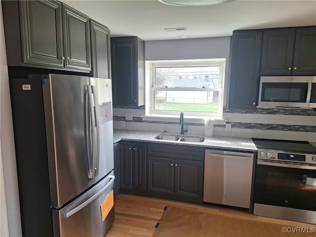 410 N Daisy Ave, Henrico, VA 23075 - kitchen with appliances with stainless steel finishes, a sink, light wood finished floors, backsplash, and light stone counters
