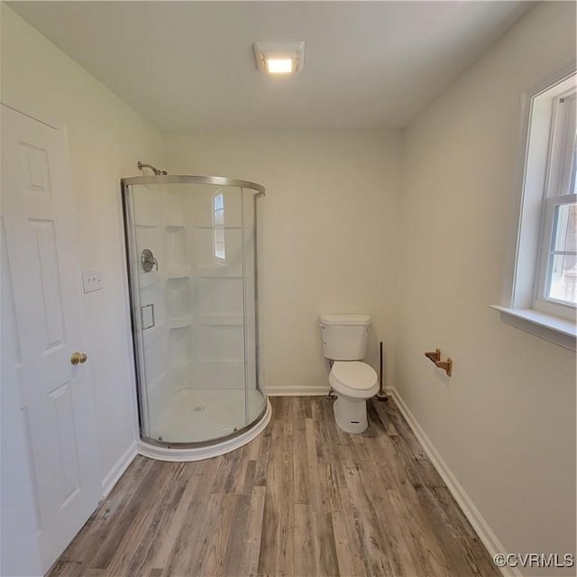 19164 Woodsons Mill Rd, Beaverdam, VA 23015 - full bathroom with toilet, a stall shower, baseboards, and wood finished floors