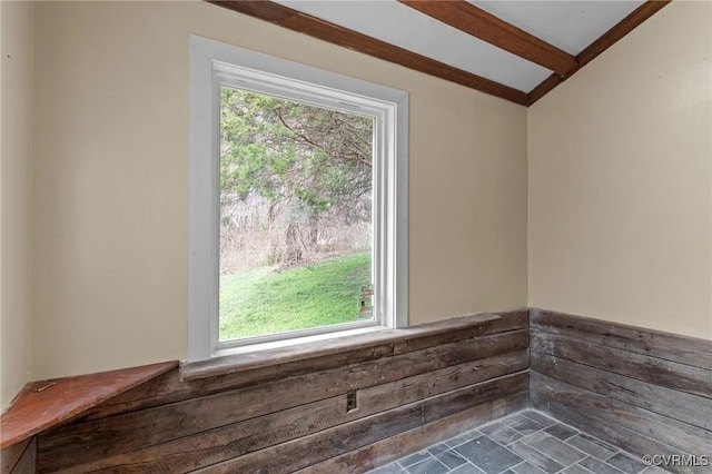1413 First Rock Rd, Prospect, VA 23960 - spare room with vaulted ceiling with beams and a wealth of natural light