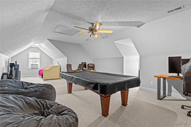 game room with carpet floors, a textured ceiling, visible vents, and baseboards
