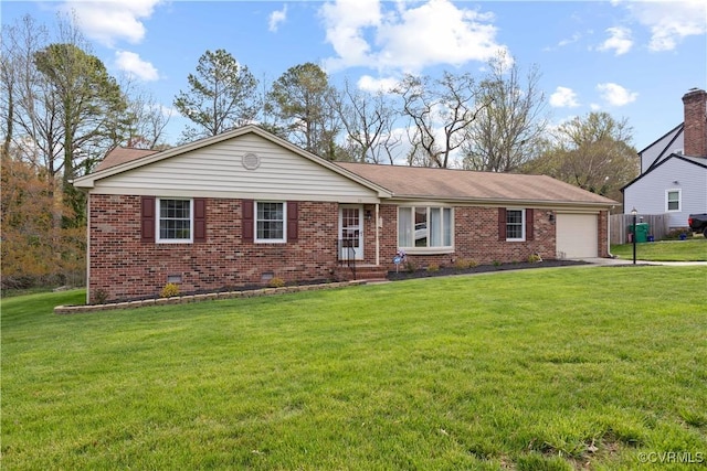 ranch-style home with an attached garage, crawl space, brick siding, and a front yard