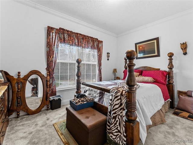 bedroom with light carpet, ornamental molding, and a textured ceiling