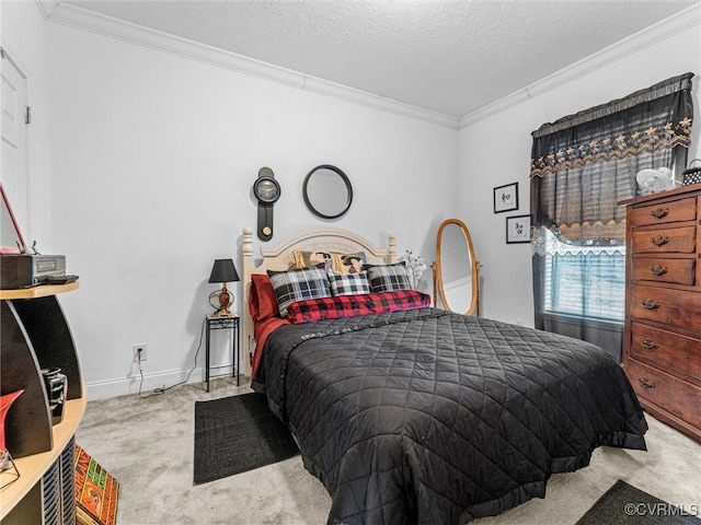 carpeted bedroom featuring crown molding, baseboards, and a textured ceiling