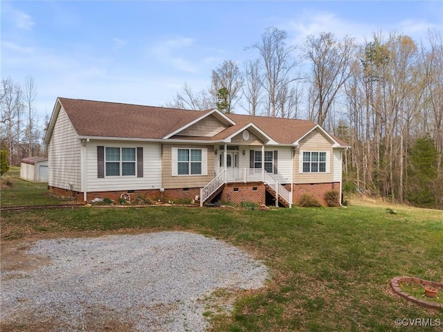 single story home featuring crawl space, a front yard, and roof with shingles