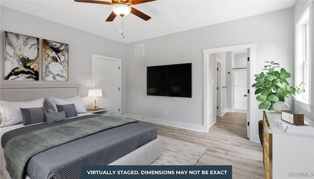 59 Jamestown Ln, Bracey, VA 23919 - bedroom with ceiling fan, visible vents, light wood-type flooring, and baseboards
