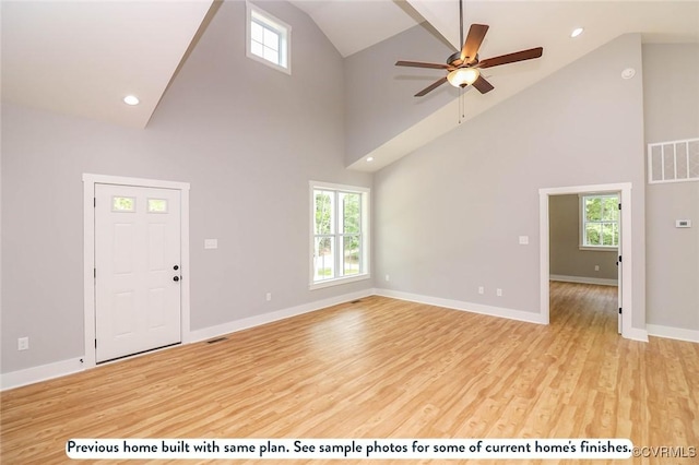 59 Jamestown Ln, Bracey, VA 23919 - unfurnished living room with high vaulted ceiling, ceiling fan, light wood-style floors, and visible vents