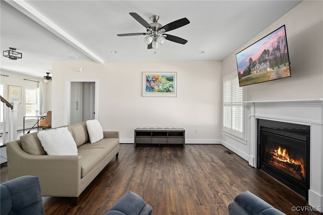 13201 Brooke Ridge Ln, Spotsylvania, VA 22551 - living room featuring a ceiling fan, dark wood finished floors, and a glass covered fireplace