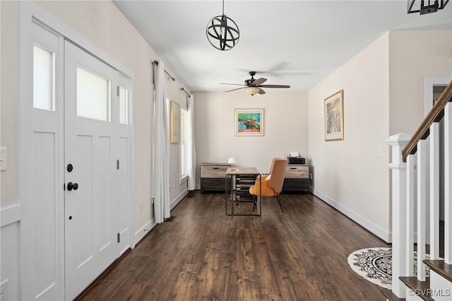 13201 Brooke Ridge Ln, Spotsylvania, VA 22551 - entrance foyer with dark wood finished floors, a ceiling fan, and stairs