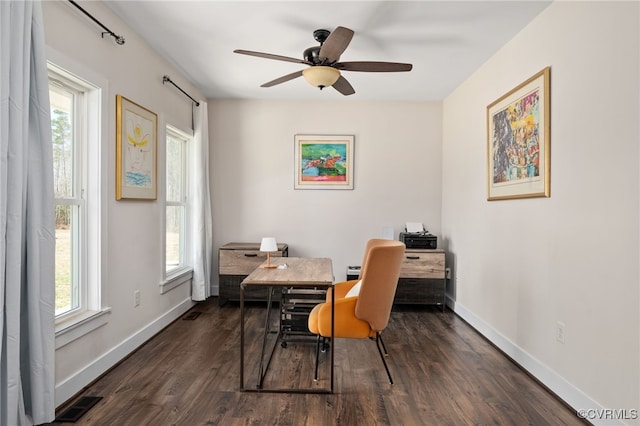 13201 Brooke Ridge Ln, Spotsylvania, VA 22551 - dining area with plenty of natural light, an office area, dark wood-style flooring, and ceiling fan