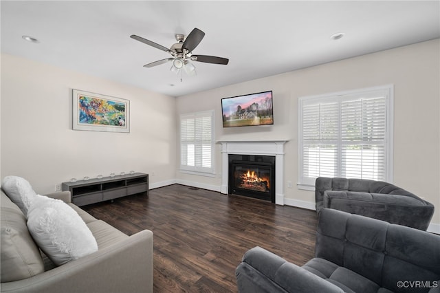 13201 Brooke Ridge Ln, Spotsylvania, VA 22551 - living area featuring a glass covered fireplace, a ceiling fan, wood finished floors, and recessed lighting