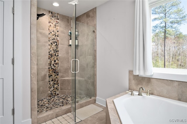 13201 Brooke Ridge Ln, Spotsylvania, VA 22551 - full bath featuring a bath, a stall shower, healthy amount of natural light, and recessed lighting