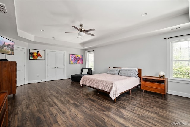 13201 Brooke Ridge Ln, Spotsylvania, VA 22551 - bedroom with wood finished floors, a raised ceiling, ceiling fan, a closet, and recessed lighting