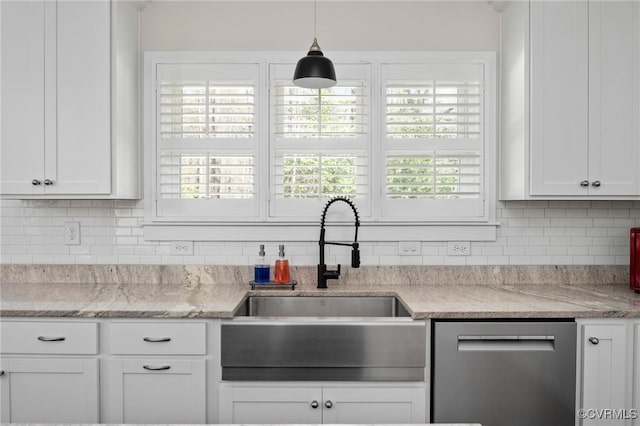 13201 Brooke Ridge Ln, Spotsylvania, VA 22551 - kitchen with stainless steel dishwasher, decorative backsplash, and white cabinets
