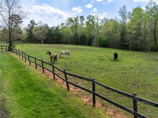 view of yard with a wooded view, fence, and a rural view
