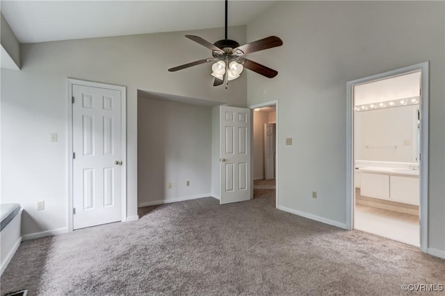 12255 Shore View Dr, Henrico, VA 23233 - unfurnished bedroom with high vaulted ceiling, carpet flooring, ensuite bathroom, and ceiling fan