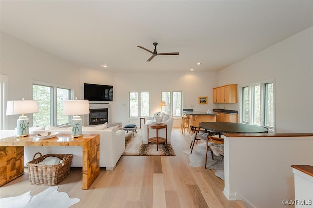 941 Wilton Coves Dr, Hartfield, VA 23071 - living area featuring healthy amount of natural light, light wood-style floors, a glass covered fireplace, and recessed lighting