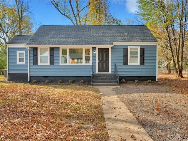 view of front of property featuring crawl space and a shingled roof