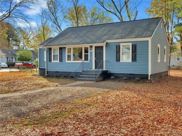 view of front of house featuring fence, crawl space, and roof with shingles