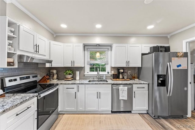 kitchen featuring crown molding, a sink, white cabinets, under cabinet range hood, and stainless steel appliances