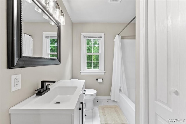 full bath with tile patterned flooring, visible vents, vanity, toilet, and baseboards