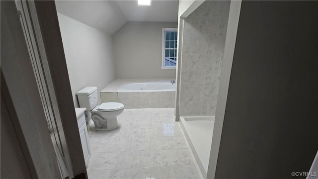 454 W Spring Forest Rd, King William, VA 23086 - full bathroom featuring toilet, a bath, vaulted ceiling, marble finish floor, and vanity