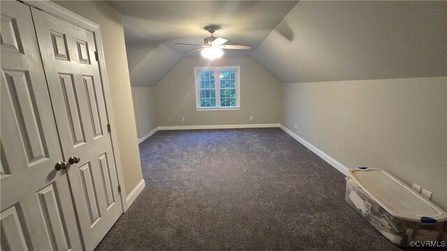 454 W Spring Forest Rd, King William, VA 23086 - bonus room with baseboards, dark carpet, a ceiling fan, and vaulted ceiling