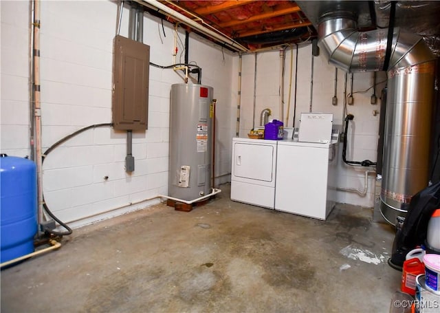 unfinished below grade area with water heater, concrete block wall, separate washer and dryer, and electric panel