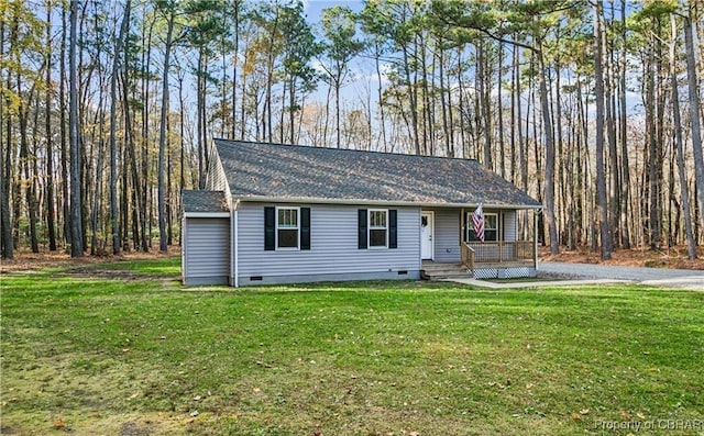 104 Martin Ln, Bohannon, VA 23021 - ranch-style house with a front yard, a porch, a shingled roof, and crawl space
