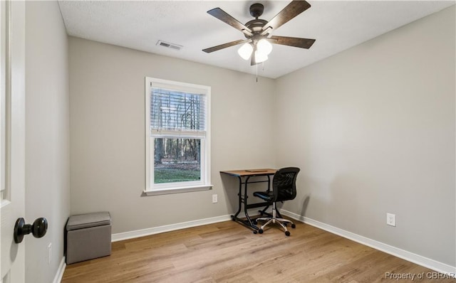 104 Martin Ln, Bohannon, VA 23021 - office featuring visible vents, baseboards, a ceiling fan, and wood finished floors