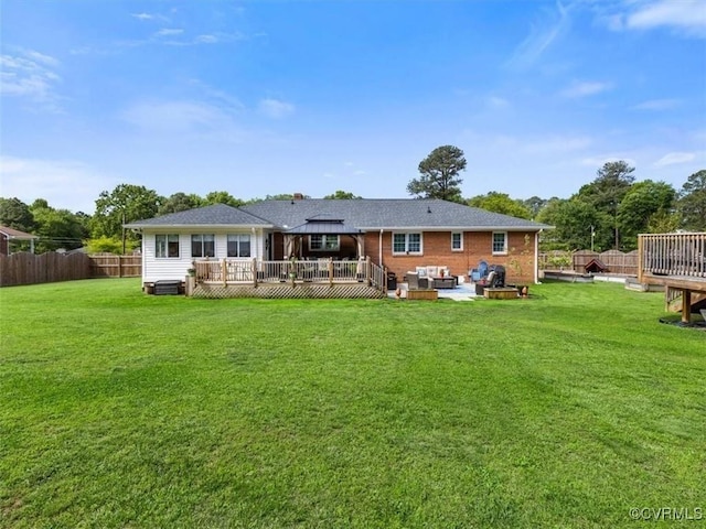 9208 Gayton Rd, Glen Allen, VA 23229 - back of property with a wooden deck, a fenced backyard, outdoor lounge area, and brick siding
