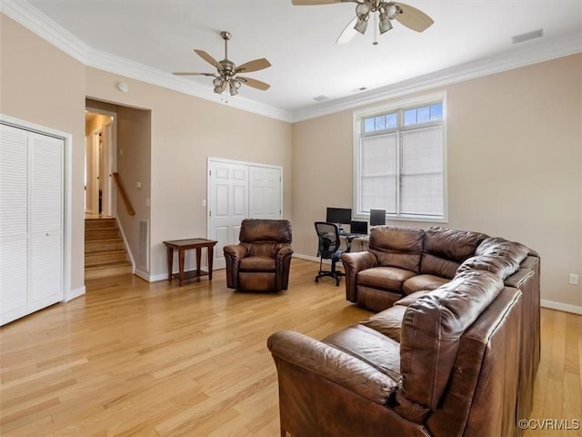 9208 Gayton Rd, Glen Allen, VA 23229 - living room featuring ceiling fan, crown molding, stairway, and light wood-style floors