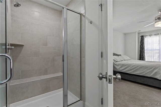 7217 Leire Ln, Chesterfield, VA 23832 - bathroom featuring a stall shower, a ceiling fan, and connected bathroom