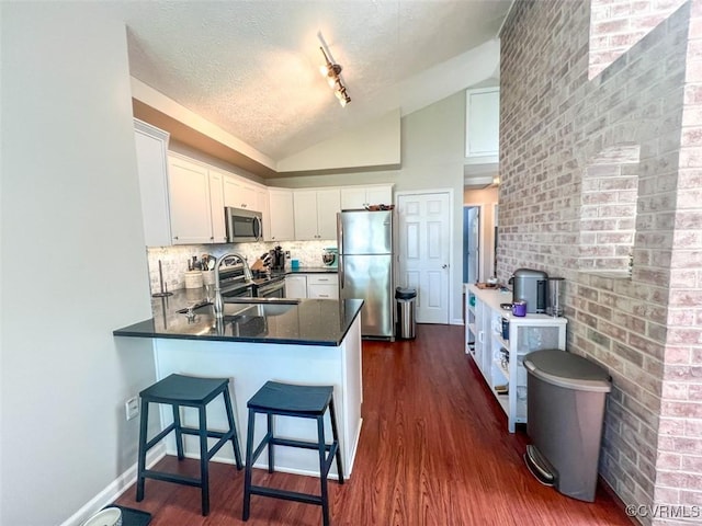 kitchen with a sink, stainless steel appliances, dark wood finished floors, vaulted ceiling, and a peninsula