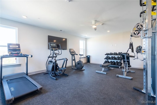 workout area featuring baseboards, recessed lighting, and ceiling fan