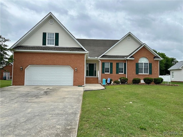 240 Lighthouse Pointe, North Prince George, VA 23860 - view of front of property with concrete driveway, brick siding, a front yard, a garage, and roof with shingles