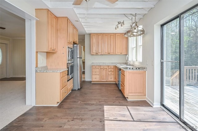 kitchen with light brown cabinetry, ceiling fan, light countertops, dark wood-type flooring, and appliances with stainless steel finishes