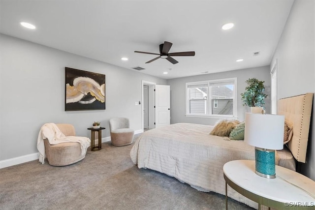 bedroom with a ceiling fan, carpet, baseboards, visible vents, and recessed lighting