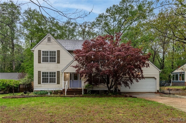 view of front of house featuring driveway, a front yard, a garage, fence, and a shingled roof