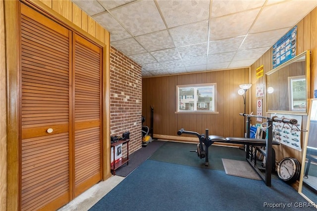 workout area featuring a paneled ceiling, wood walls, and carpet floors