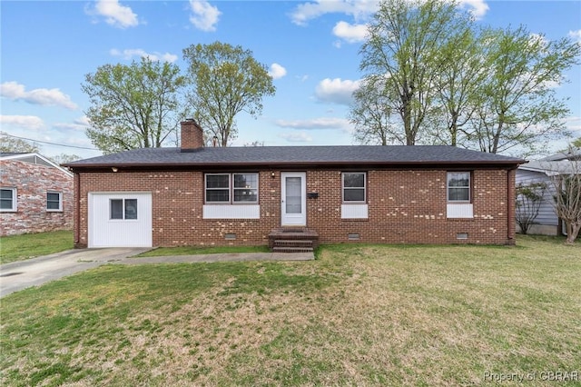 ranch-style house with a chimney, crawl space, a front yard, brick siding, and a shingled roof
