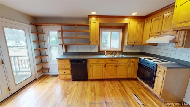 kitchen featuring open shelves, under cabinet range hood, dishwasher, a sink, and electric range oven