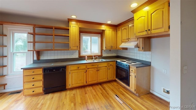 kitchen featuring dishwasher, a sink, open shelves, and electric range oven
