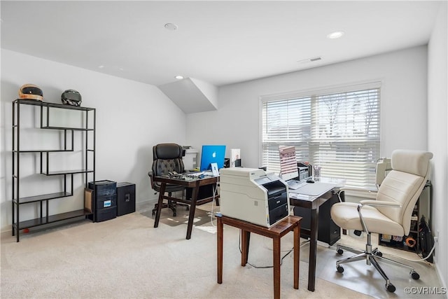 office area with light carpet, recessed lighting, visible vents, and vaulted ceiling