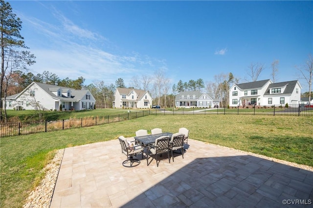 view of patio featuring a fenced backyard, a residential view, and outdoor dining area