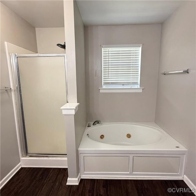 1353 Woodside Mews, Henrico, VA 23231 - bathroom featuring a whirlpool tub, a shower stall, baseboards, and wood finished floors